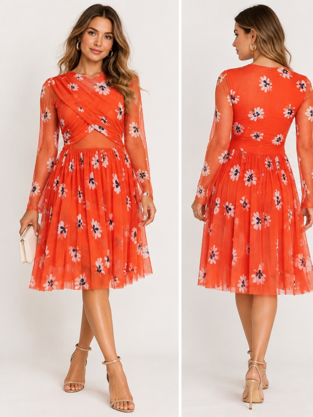 GANNI NWT Orange Floral Mesh Ruched Cutout Cocktail Dress $395